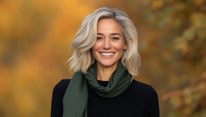 Naklejka premium Smiling woman in a scenic autumn background.