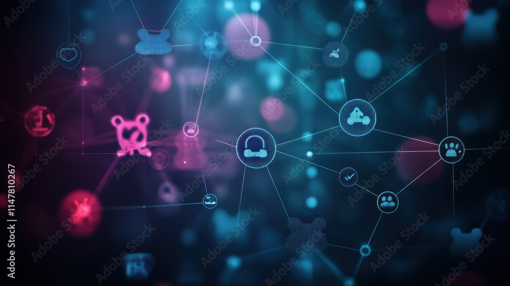 Poster networked icons with blurred, interconnected lines on a dark background.