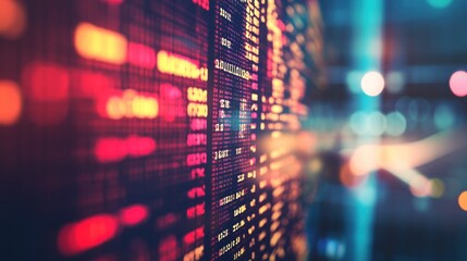 Blurry abstract data wall with light spots, in the evening city background.