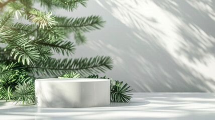 Product presentation background scene made with white podium column, pine or fir branches in sunlight. Christmas composition. Podium on light background, New Year trees. Winter concept