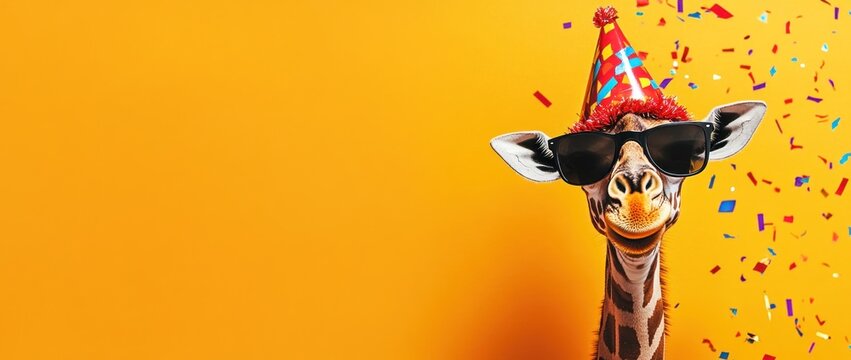 Giraffe wearing party hat and sunglasses, with confetti.