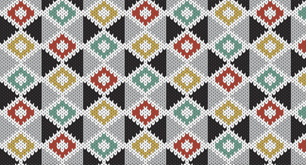 Black and grey geometric with retro knitted design, Festive Sweater Design. Seamless Knitted Pattern