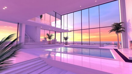 Luxurious modern home interior with indoor pool, showcasing sunset view through large windows.
