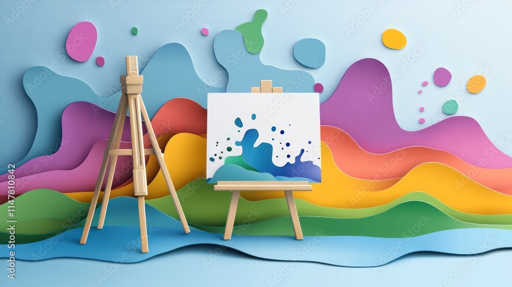 Poster easel with paint splatter on canvas with abstract layered backdrop.