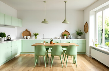 Fototapeta premium Green Empty wooden table with the bright white interior of the kitchen. Selective focus.