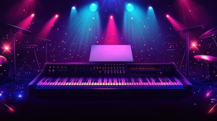 Keyboard on stage under vibrant lights.