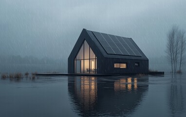 Fototapeta premium A minimalist house with solar panels glistening under the rain, surrounded by moody gray skies and puddles