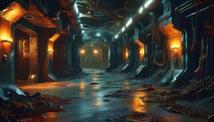 Space base with abandoned dark corridors. Science fiction genre. Dark atmosphere illustration.