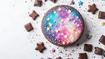 Galaxy themed cake with chocolate stars on a white backdrop.
