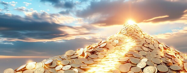 Money mountain path to success, golden money mountain with glowing trail, money mountain peak under sunrise for wealth inspiration ,money mountain trail ,golden success path