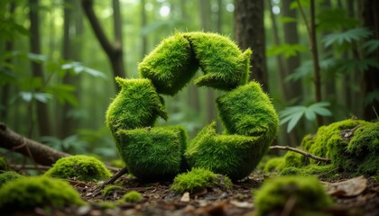 Green moss recycling symbol in a lush forest setting.Renewal. Growth. Nature’s commitment to sustainability.World Environment Day poster, eco campaign banner, sustainable forest design.