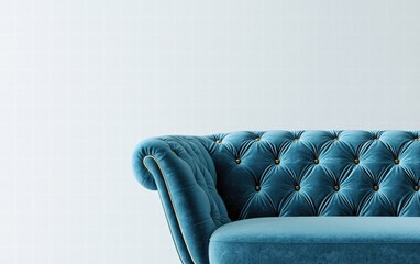 A modern blue fabric sofa with a tufted backrest, slim arms, and gold legs, on a bright white background