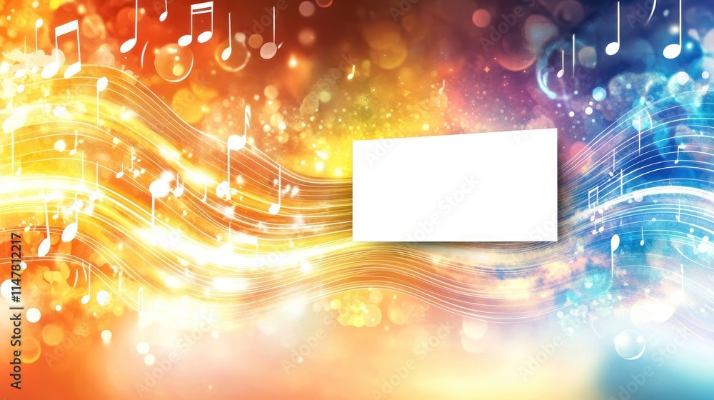 Poster music notes and abstract colorful bokeh with a blank card.