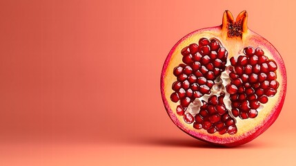 An artistic interpretation of a halved pomegranate, emphasizing the lush and vibrant seeds that are visually enticing. The isolated fruit against a solid color background creates a bold statement,