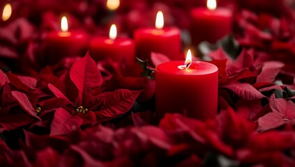 Red candles surrounded by vibrant poinsettia flowers.