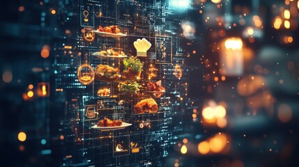 Naklejka premium Food digital interface, dishes, chef hat icons on blue background with orange bokeh.