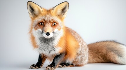Obraz premium A red fox with a fluffy tail, alert ears, and vibrant fur, sits serenely with piercing eyes gazing directly at the camera against a crisp white studio background.