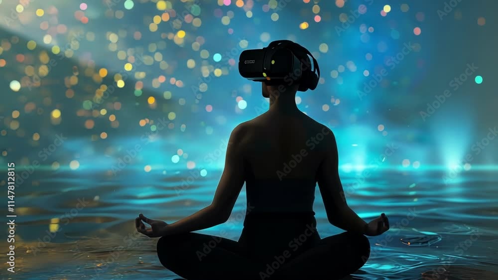 Poster a virtual reality meditation experience with soothing visuals of virtual particles floating and chan