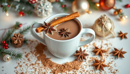 A cozy holiday scene featuring a warm drink with spices and festive decorations.