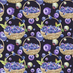 Blueberry blackberry, leaves in weaved basket, hand drawn in watercolor, heap of ripe picked forest berry harvest. Seamless pattern isolated on dark illustration. Menu, scrapbooking, farmers market