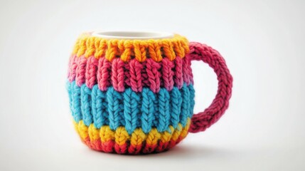 A cozy knitted coffee mug warmer in vibrant patterns, styled for product photography. Created with Generative AI