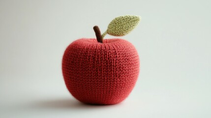 A vibrant knitted apple in colorful yarn, styled for handmade product photography. Created with Generative AI