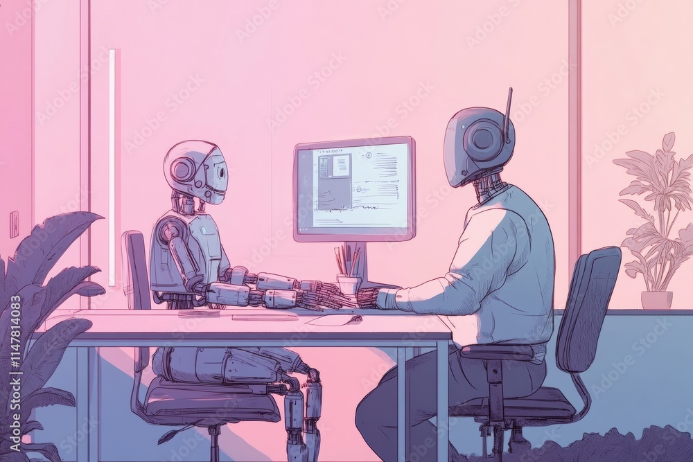 Aufkleber Cooperative work between a human and a robot on a project at a modern desk in a bright office environment. Generative AI