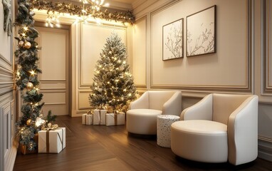 Fototapeta premium A relaxing beauty salon lounge with cozy seating, holiday garlands, and a small frosted Christmas tree in the corner