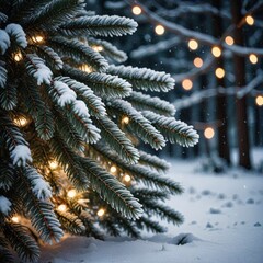 Beautiful Christmas tree in the village at night under the snowfall