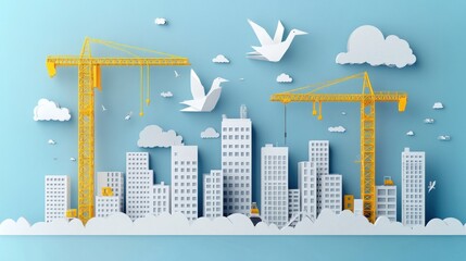 Obraz premium Paper cutout city with cranes and birds.