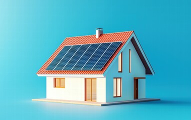 A Scandinavian house with solar panels glowing softly against a bright pastel blue background, minimalist and modern