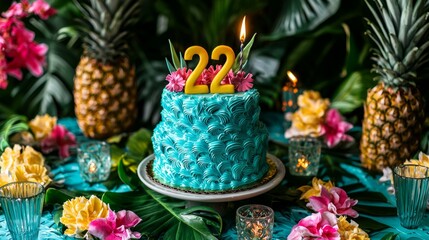 Friends gather around a beautifully decorated turquoise birthday cake adorned with bright flowers and pineapples, celebrating a special 22nd luau-themed birthday party together