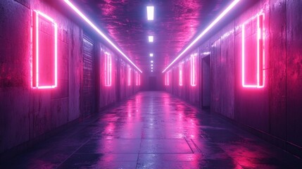 Fototapeta premium Neon-lit hallway, wet floor, pink and purple.
