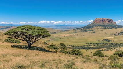 Panoramic view of a vast savanna landscape under a clear blue sky, featuring a lone tree and a prominent rock formation in the distance.
