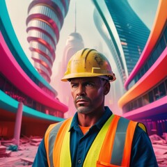 Construction worker in a yellow hard hat and high-visibility vest stands confidently against a futuristic cityscape with spiraling skyscrapers and neon pink and blue accents