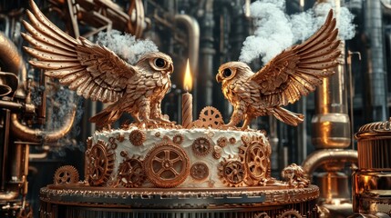 Steampunk themed cake with owl figurines, gears, and a candle.
