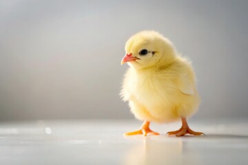 Fototapeta premium Cute Chick, Minimalist White Background, Soft Lighting, Baby Bird Photography, Animal Portrait, Rule of Thirds