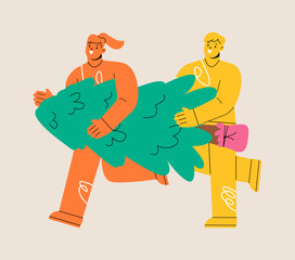 Happy woman and man carrying a christmas tree. Festive holiday season. Colorful vector illustration