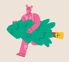 Happy woman carrying a christmas tree. Festive holiday season. Colorful vector illustration