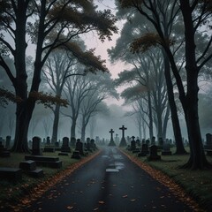 Halloween pumpkins in cemetery at night. Halloween holiday concept.