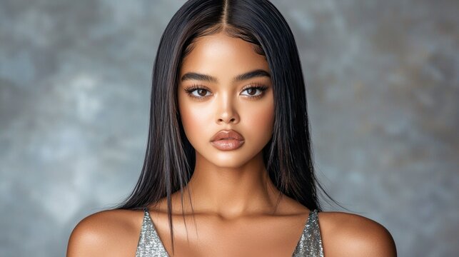 The woman with sleek, ebony hair cascading down her back, dressed in a shimmering silver tank top, gazes directly into the camera with an air of confidence and allure.