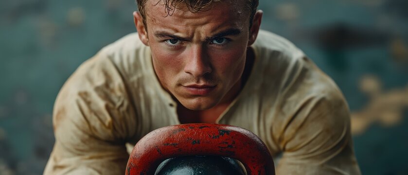 Intense close-up of a muscular man with a determined expression, poised over a kettlebell.