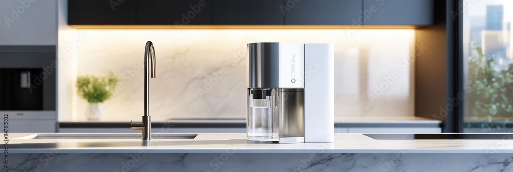 Poster modern kitchen featuring a sleek water filter on the countertop in a bright and inviting space. gene