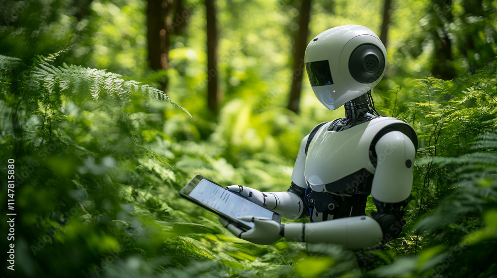 Aufkleber robot explores lush forest while analyzing data on a digital tablet.