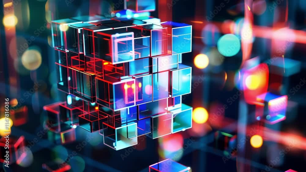 Poster complex glass cube processing big data, representing machine learning, artificial intelligence, and 