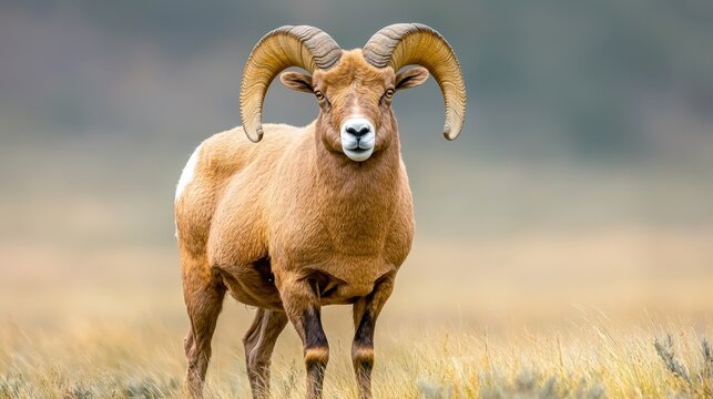 The impressive bighorn sheep, with its sheer size and formidable horns curving gracefully backwards, gazes directly into the camera with a majestic presence.
