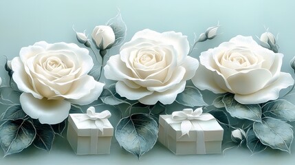 Fototapeta premium Papercut design of delicate white roses and gift boxes symbolizing White Day