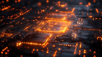 Obraz premium Glowing orange circuit board, futuristic technology.