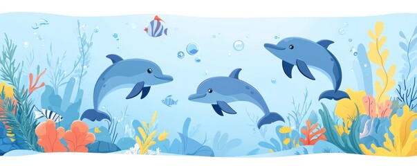 Three dolphins swimming among fish and coral underwater.