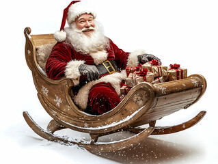 Jolly Santa in Wooden Sleigh, Christmas Illustration